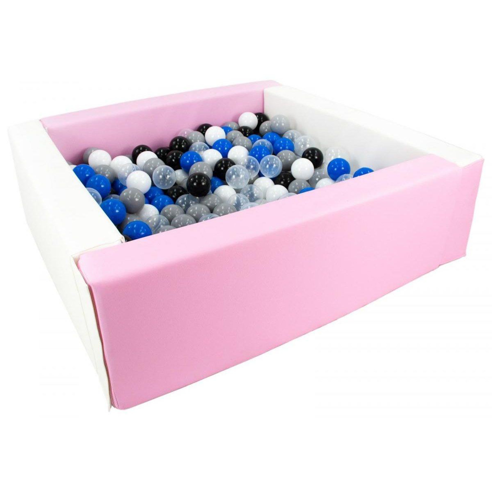 VELINDA Piscine à balles carrée avec 300 balles - blanc, rose (pastel)/noir, blanc, transparent, bleu, gris