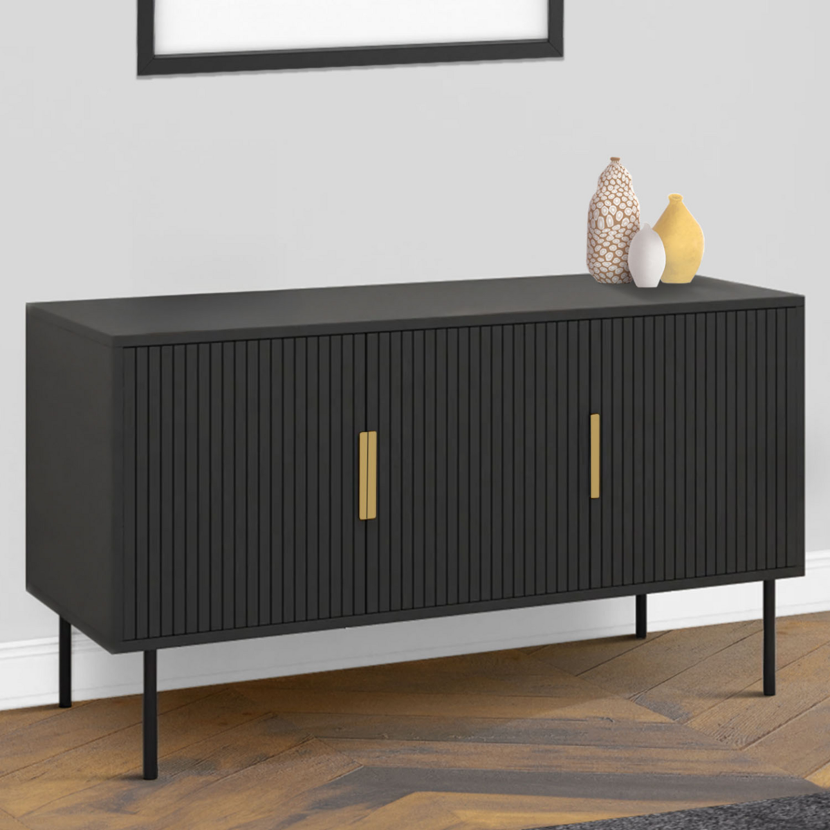 ID MARKET Buffet 110 cm MARCEL noir 3 portes effet lattes
