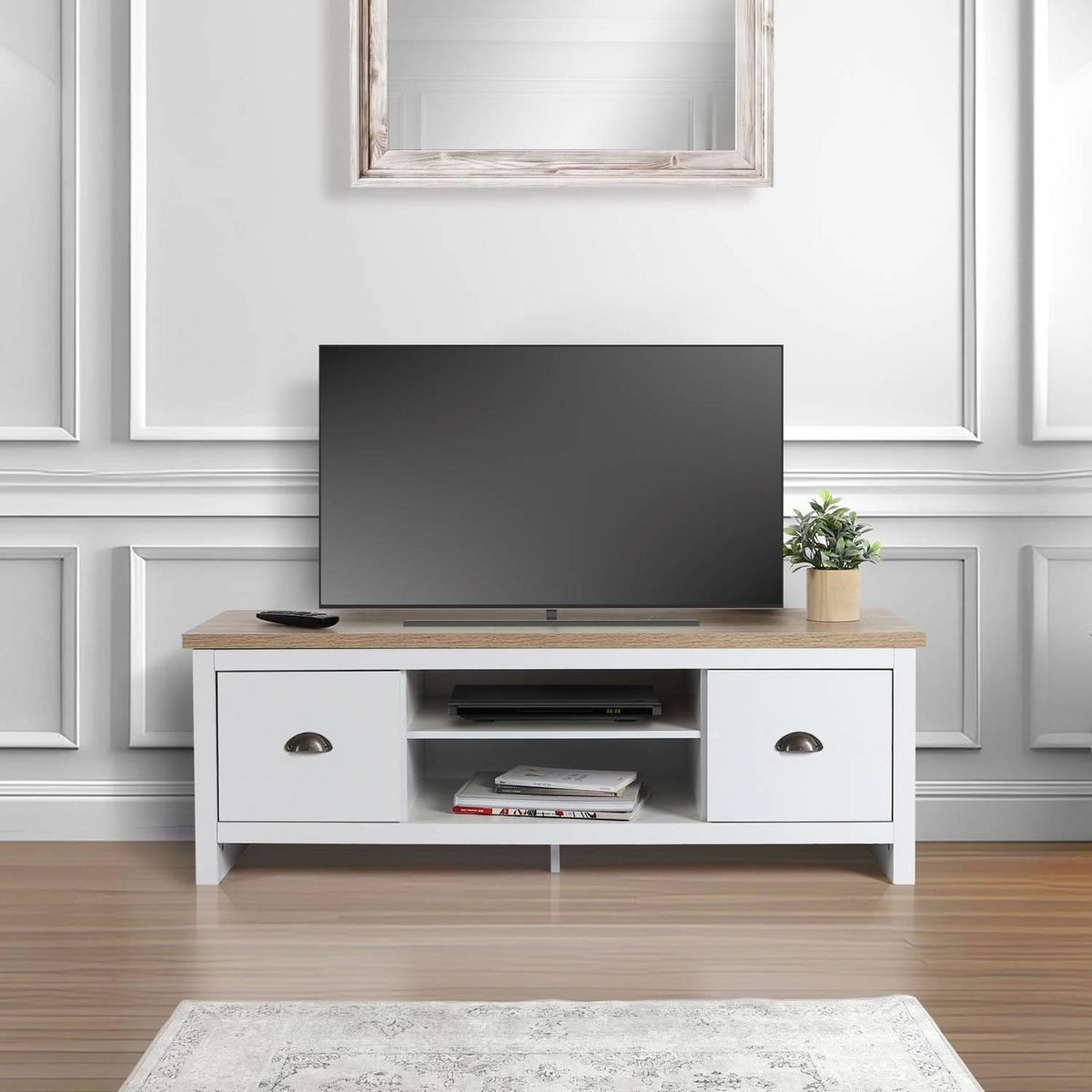 DIVERS Meuble TV avec 2 tiroirs et 2 niches de rangement en bois HANOI - Blanc