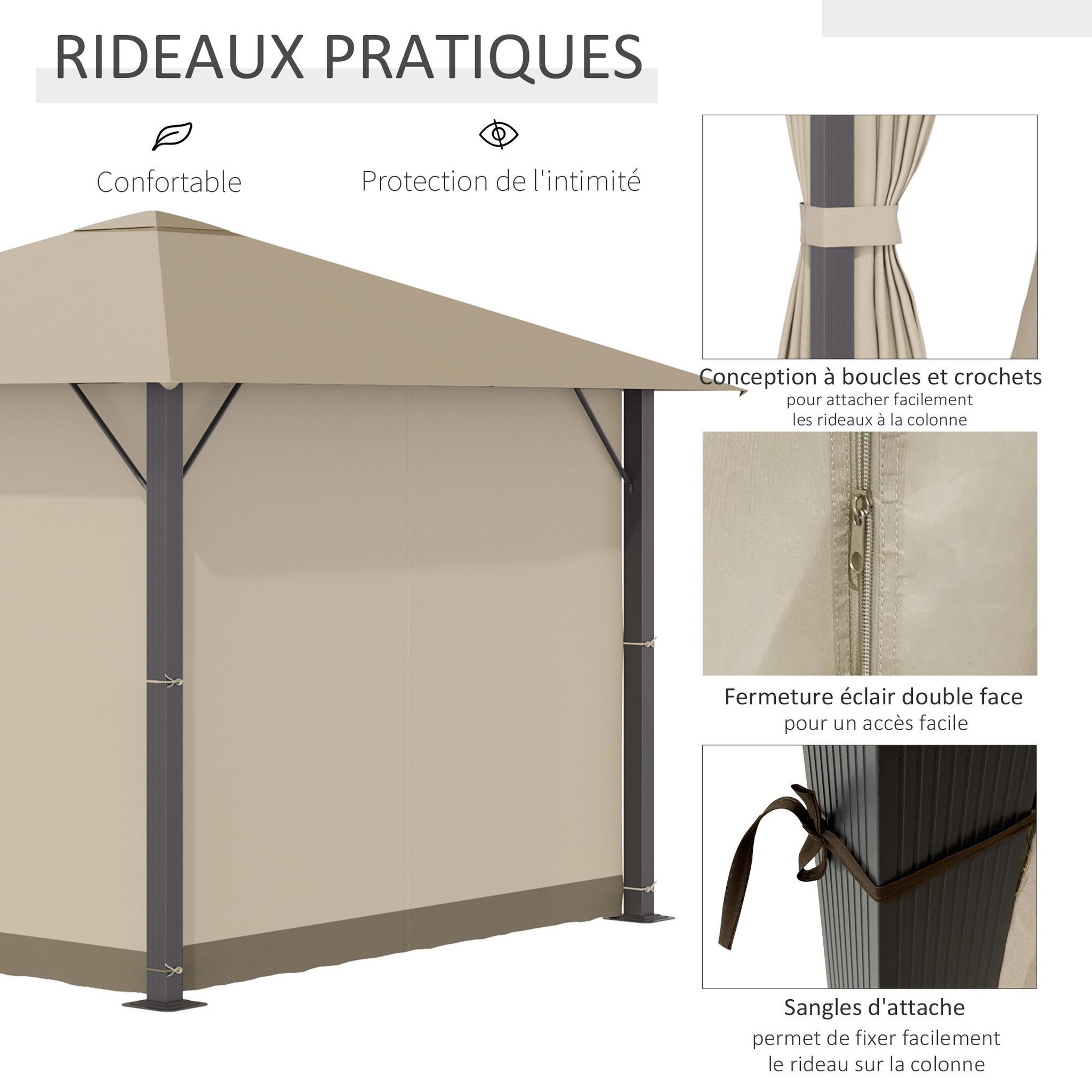 Voir la diapositive 5 : OUTSUNNY Tonnelle barnum de jardin 2,97L x 2,97l m avec 4 parois latérales amovibles - toit avec évent - porte zippée - armature aluminium et acier - beige