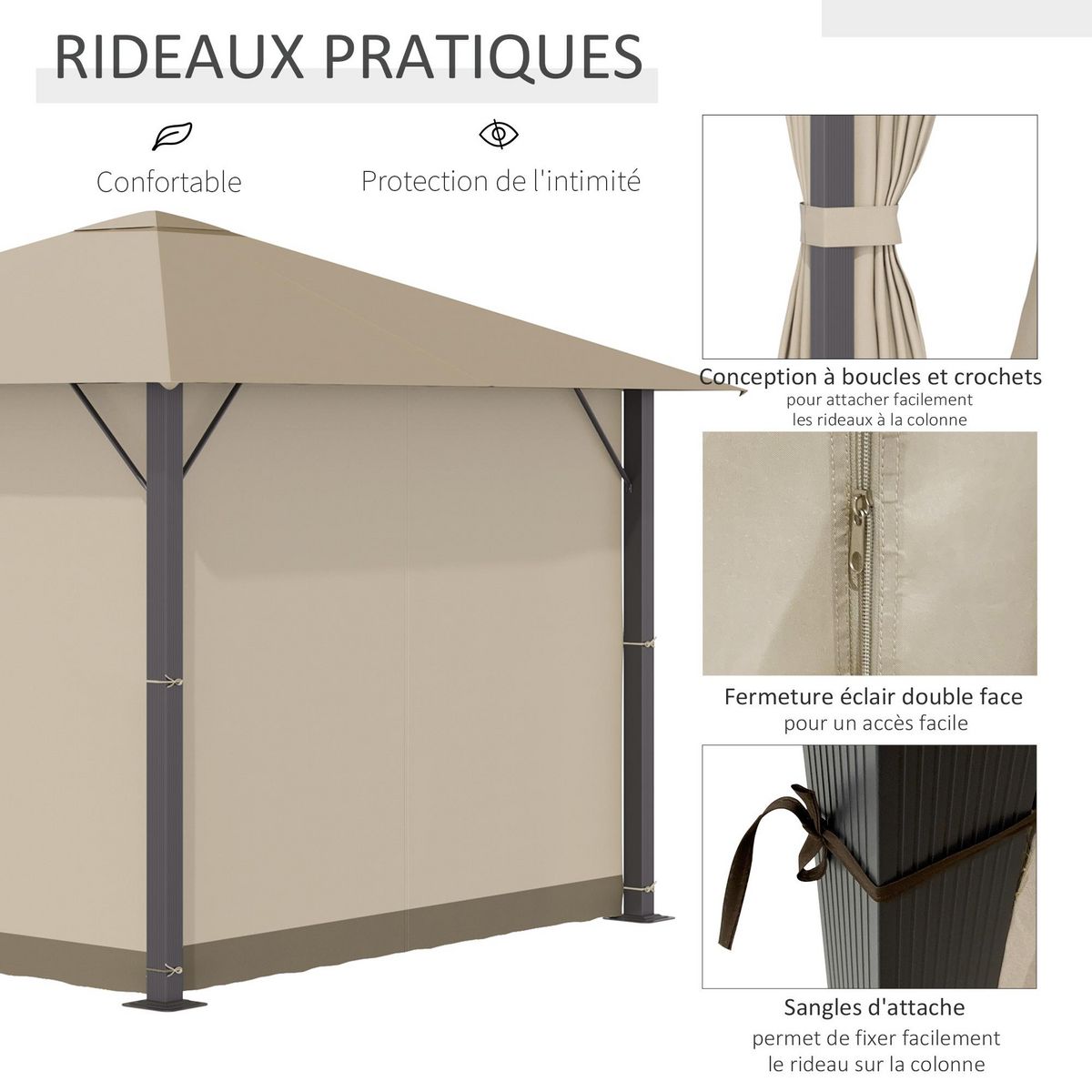 OUTSUNNY Tonnelle barnum de jardin 2,97L x 2,97l m avec 4 parois latérales amovibles - toit avec évent - porte zippée - armature aluminium et acier - beige