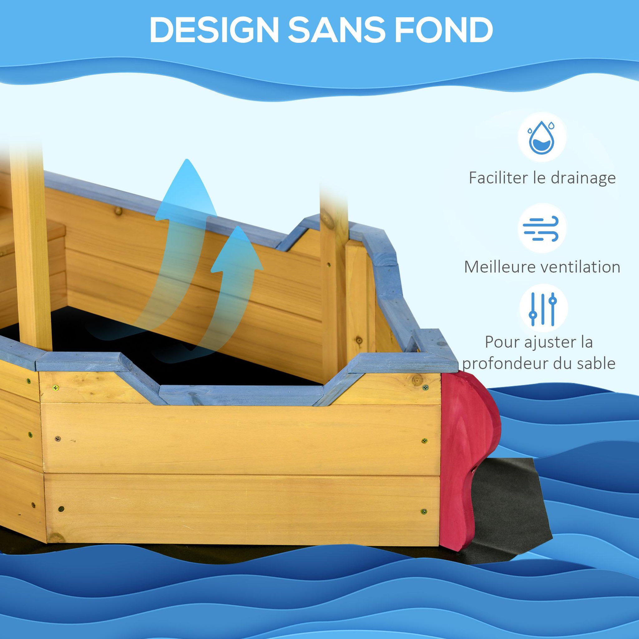 Voir la diapositive 5 : OUTSUNNY Bac à sable bateau de pirate en bois - voile d'ombrage, coffre rangement, gouvernail - bois sapin pré-huilé