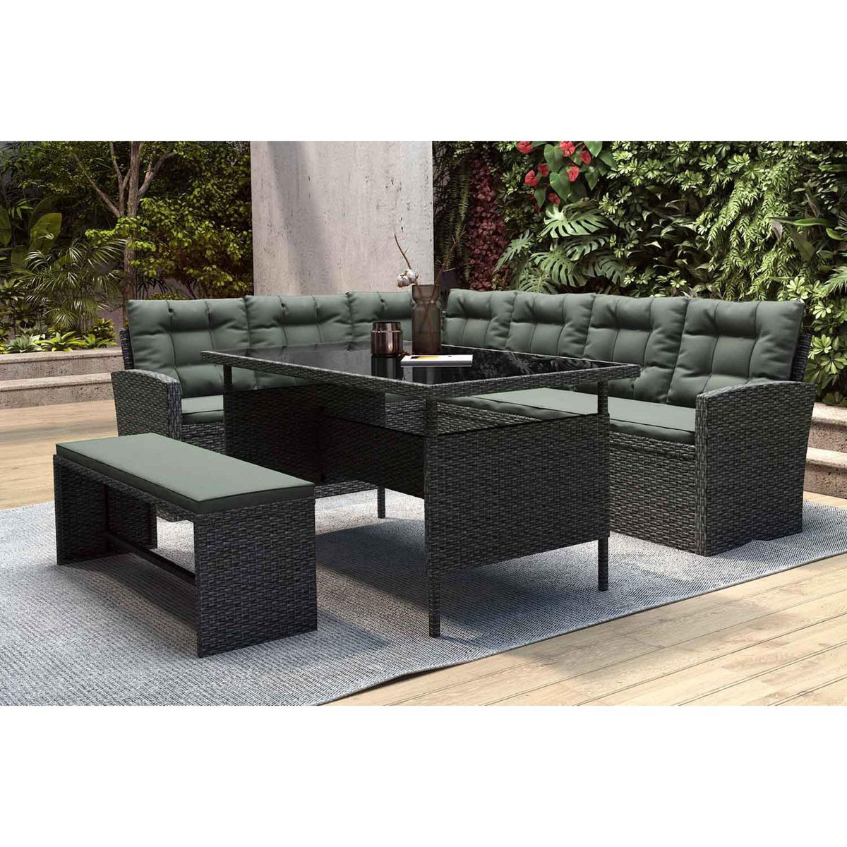 CONCEPT USINE Salon de jardin 8 places en résine anthracite et coussins verts MOOREA