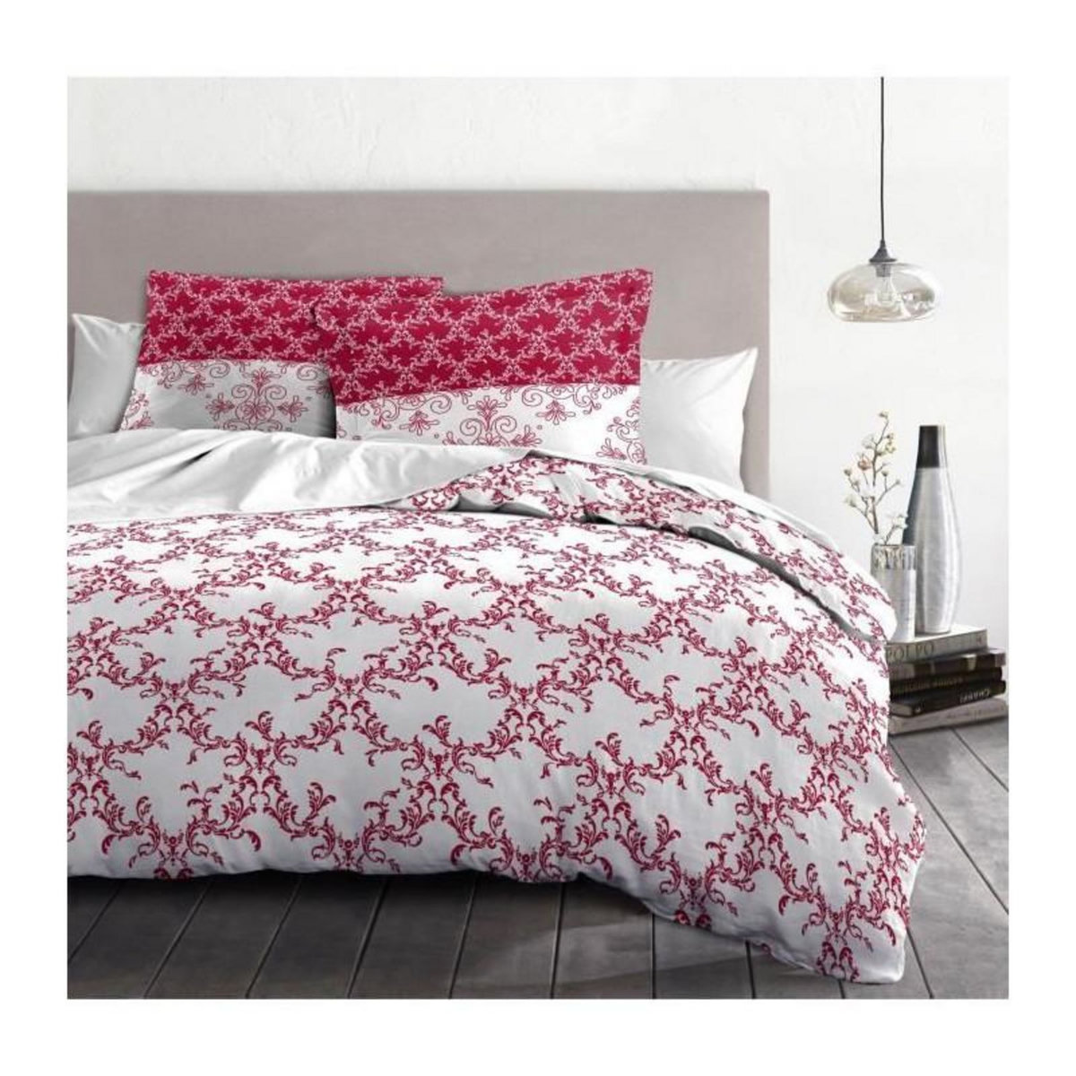 HOME LINGE PASSION Parure de couette 220x240 cm HOME LINGE PASSION FRISE : Housse de couette + 2 taies d'oreiller - 100% Coton 57 Fils - Bordeaux