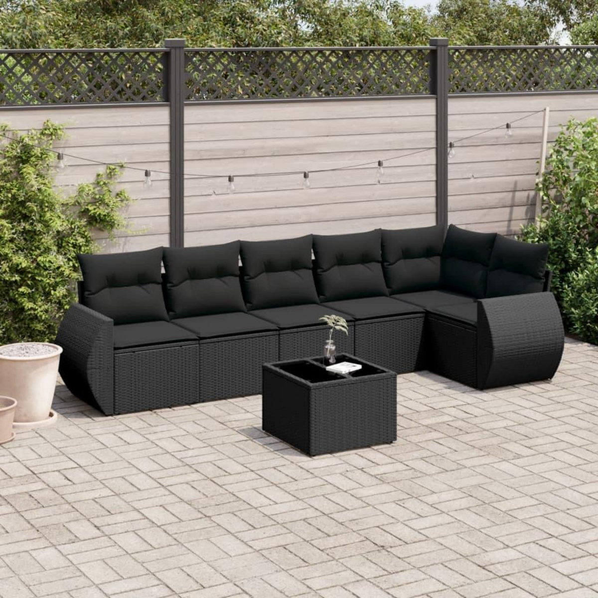VIDAXL Salon de jardin 7 pcs avec coussins noir resine tressee