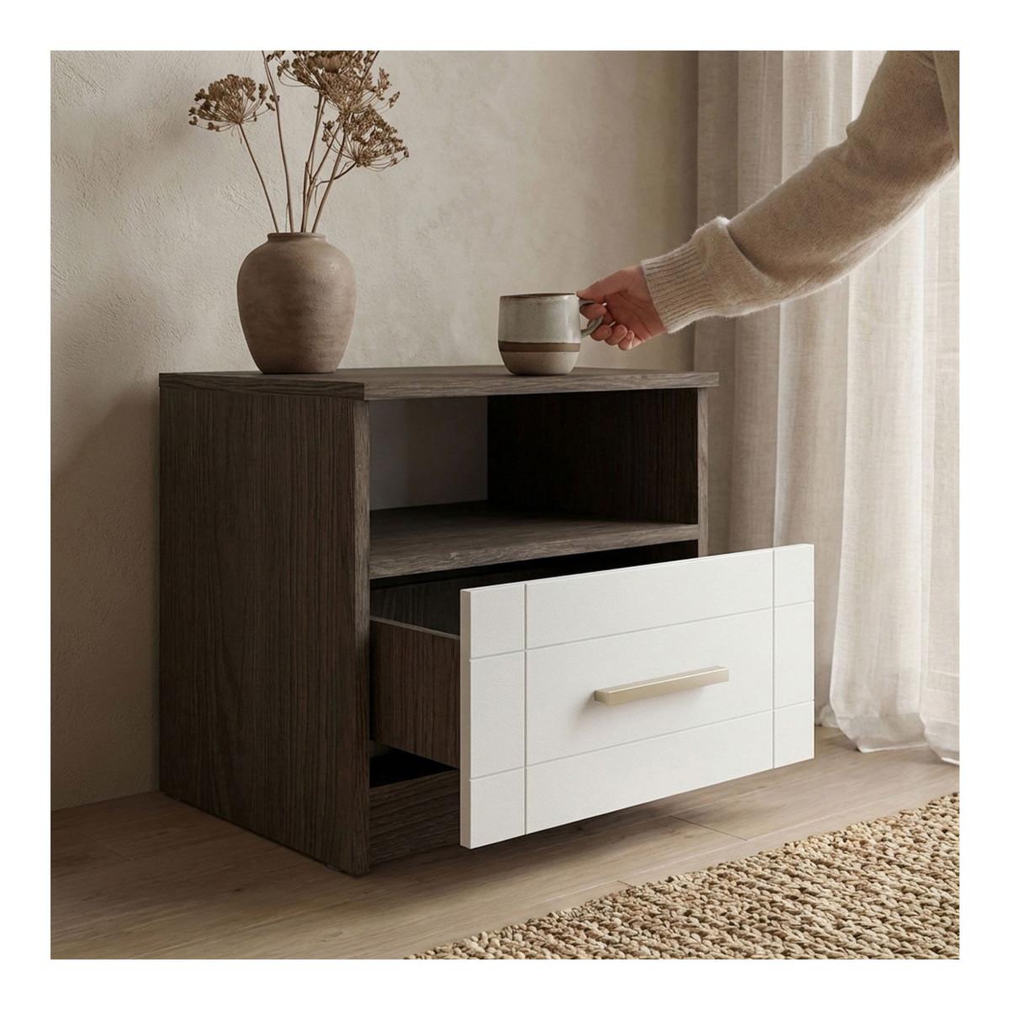 Voir la diapositive 2 : Paris Prix Table de chevet  tenya  50cm chêne foncé & blanc
