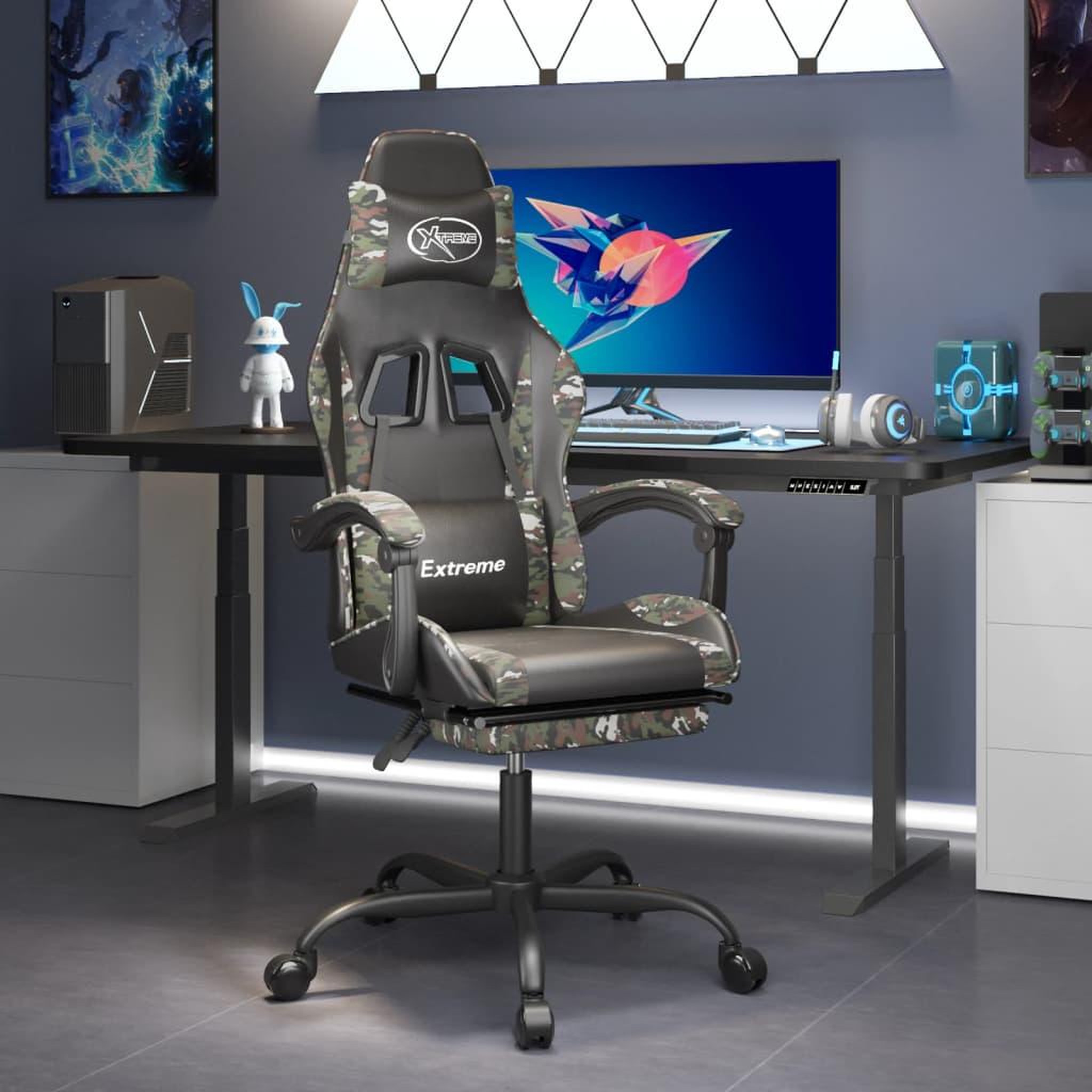 VIDAXL Chaise de jeu avec repose-pied Noir et camouflage Similicuir
