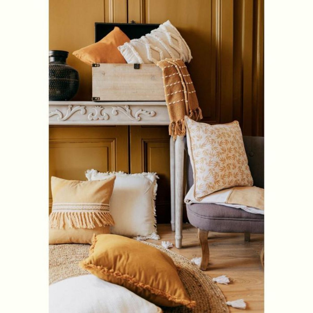 Paris Prix Coussin Déco Franges  Janara  45x45cm Ocre