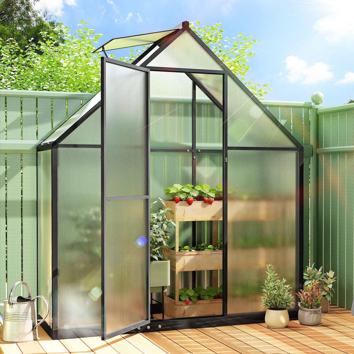 OUTSUNNY Serre de jardin alu polycarbonate - porte, lucarne - 1,7 x 0,58 x 1,95 m - noir
