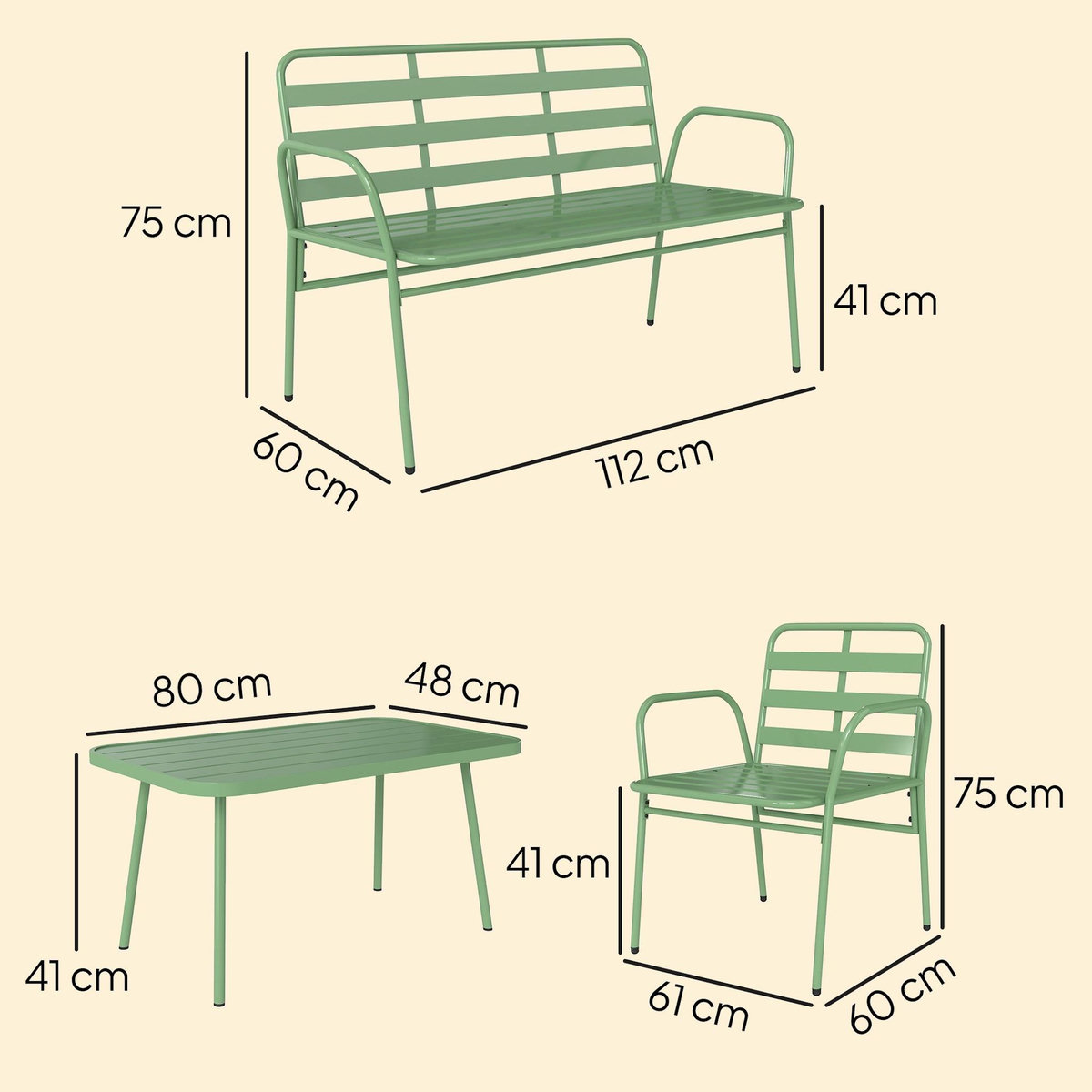 OUTSUNNY Salon de jardin style néo-rétro métal 4 places 4 pièces vert