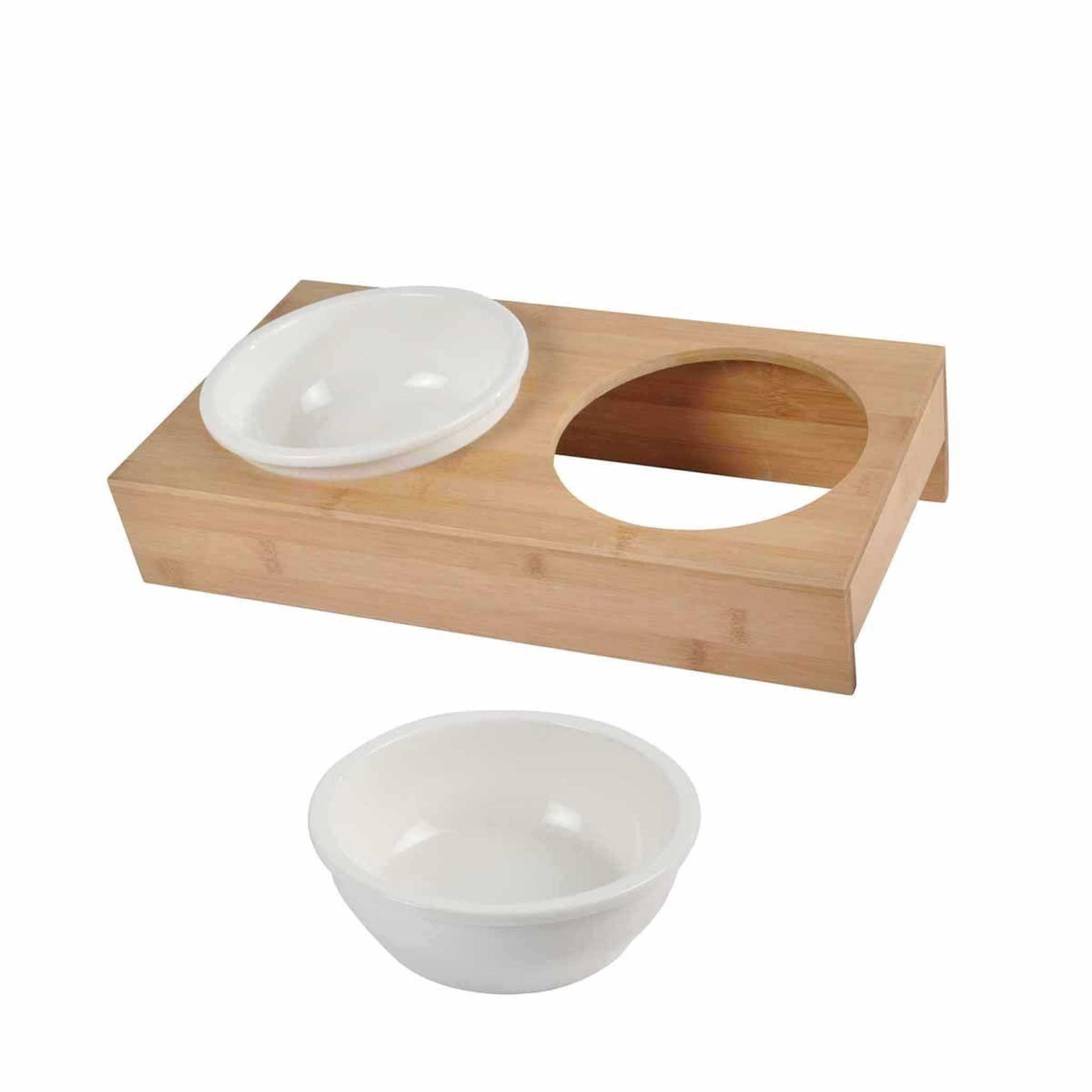 Voir la diapositive 2 : LOVE STORY Lot de 2 gamelles chien & chat  bambou  37cm blanc