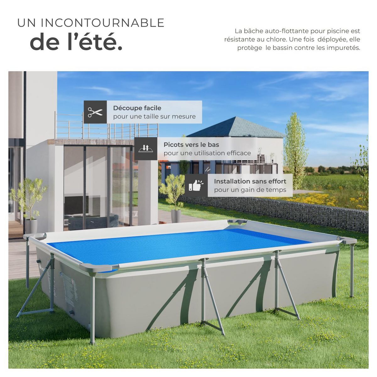 tectake Bâche de piscine Rectangulaire et Auto-flottant bleu