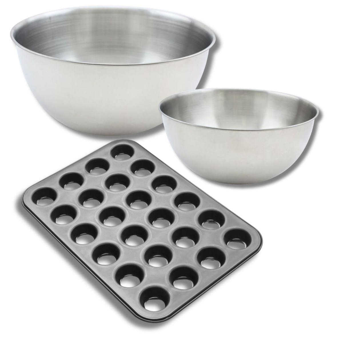 ZENKER Ensemble comprenant 1 moule muffin 24 empreintes, 1 spatule Zenker et 2 bols à mixer en inox Fackelmann