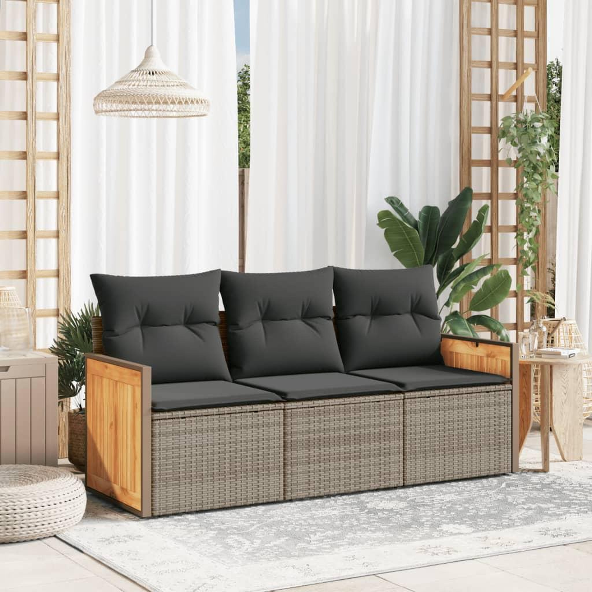 VIDAXL Salon de jardin avec coussins 3 pcs gris resine tressee
