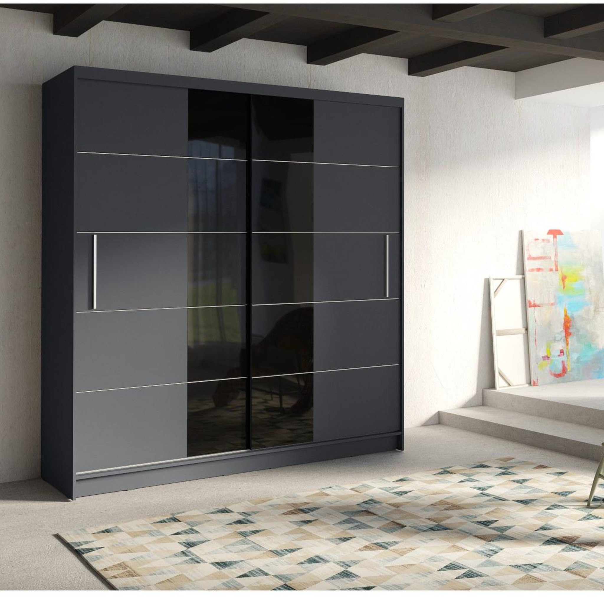 Voir la diapositive 2 : JLC KREATION Armoire design gris et noir portes coulissantes 200cm irpo