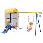 MERAX Aire de jeux extérieur 4 en 1 avec trampoline, balançoire, toboggan et panier basket