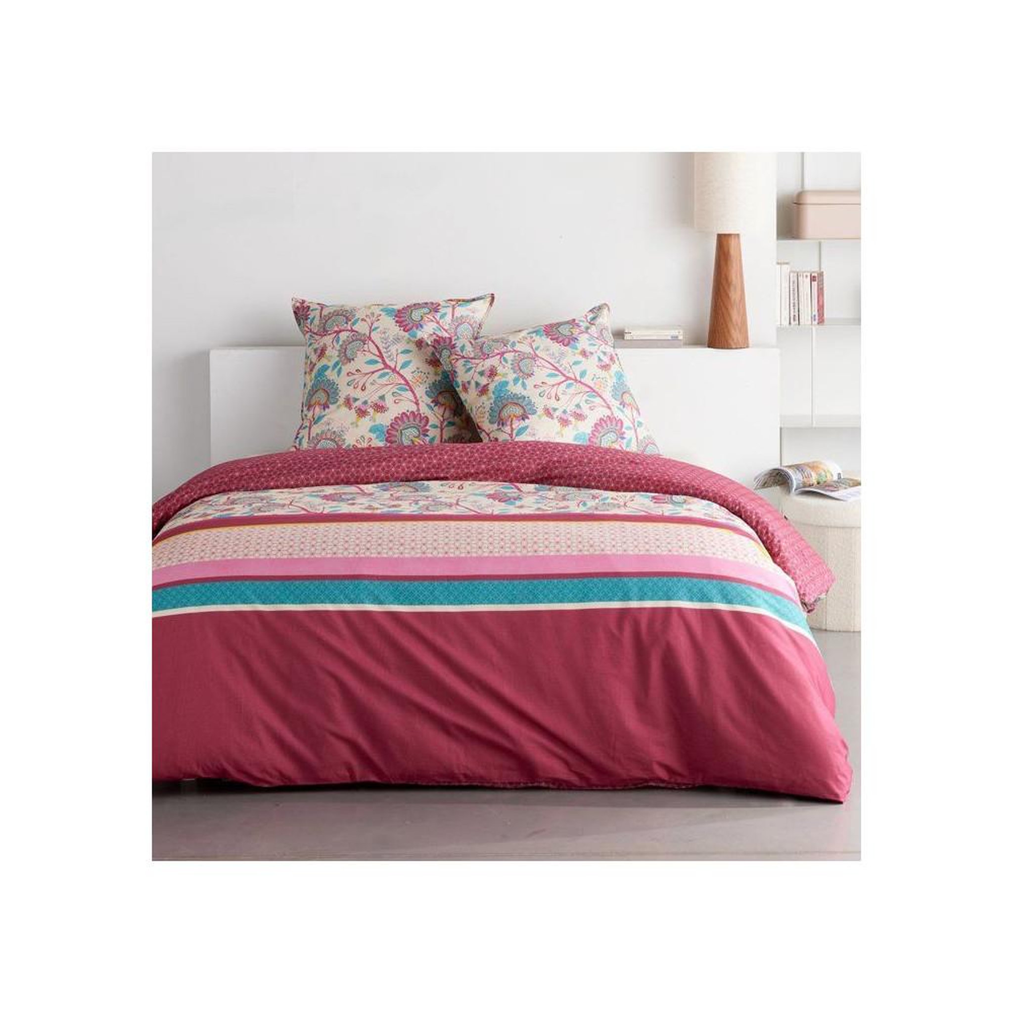 Today Parure housse de couette today sunshine coton rouge bordeaux florale 260 x 240 cm avec 2 taies 63 x 63 cm