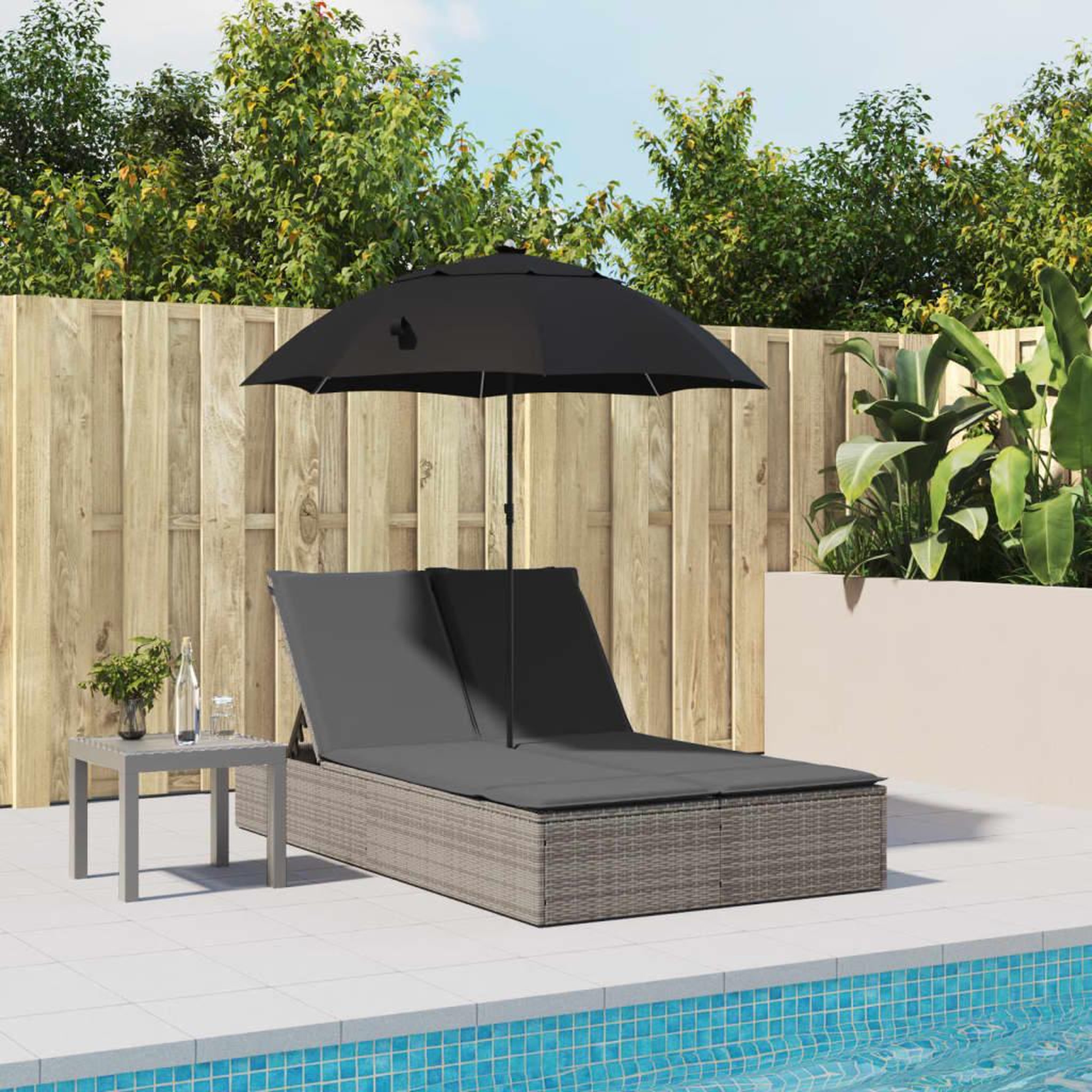 Voir la diapositive 3 : VIDAXL Chaise longue double et coussins et parasol gris resine tressee