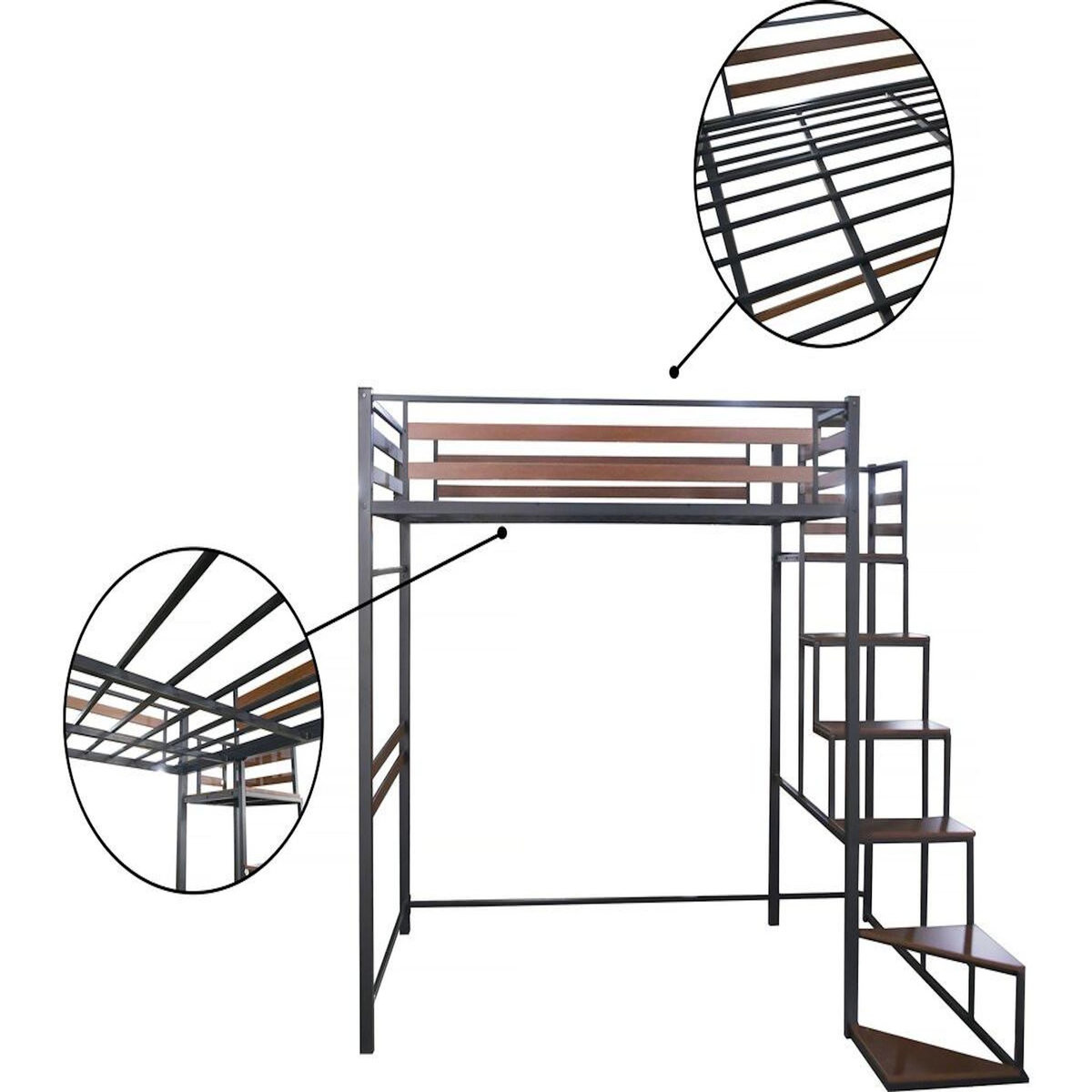Habitat et Jardin Lit mezzanine en métal avec escalier  LENA  - 140 x 190 cm - Noir et marron noyer