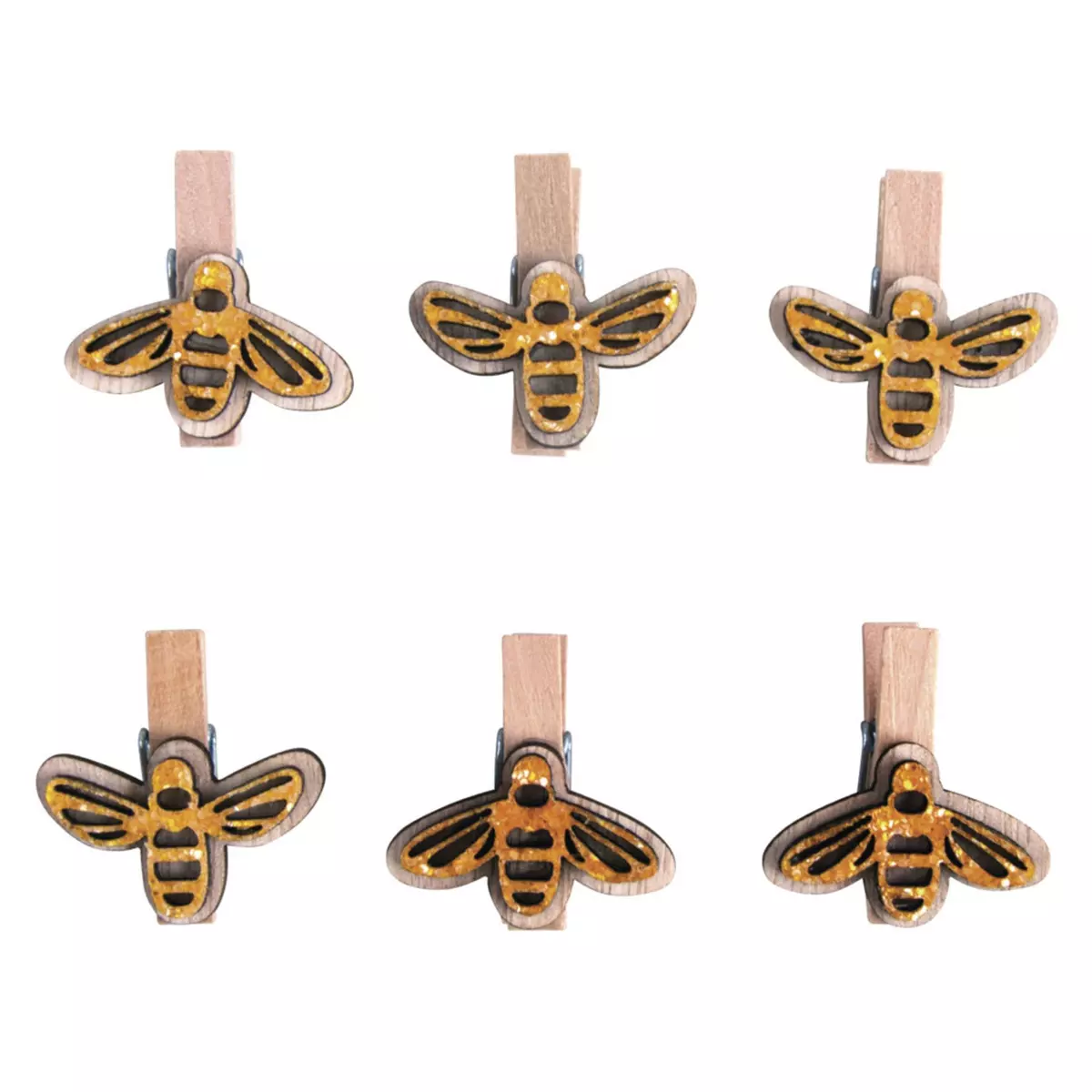 Rayher Pinces en bois avec abeilles, jaune miel, 3,5cm, 6 pces