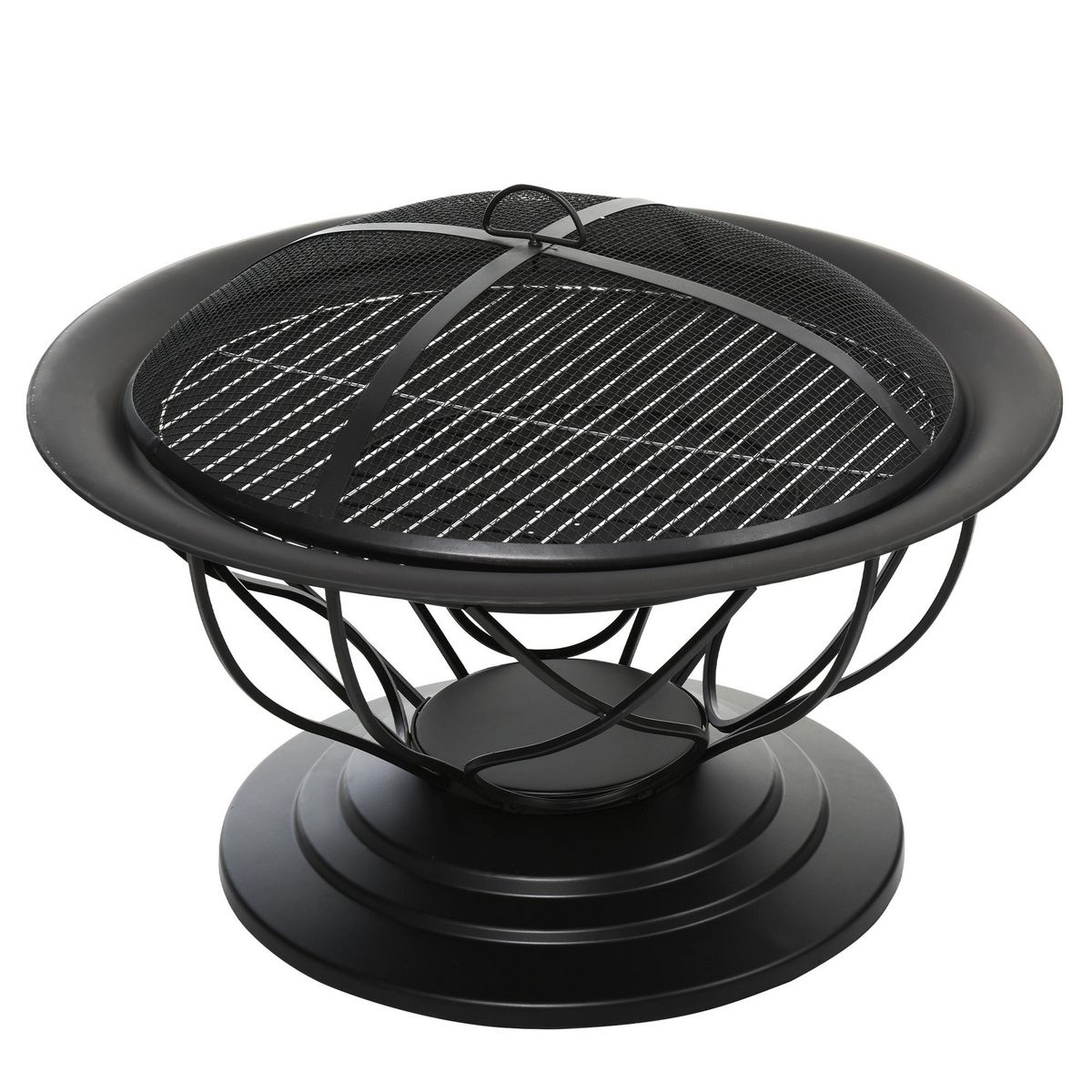 OUTSUNNY Brasero boule de feu cheminée foyer extérieur Ø 75 x 55H cm grille à charbon + cuisson couvercle tisonnier métal noir