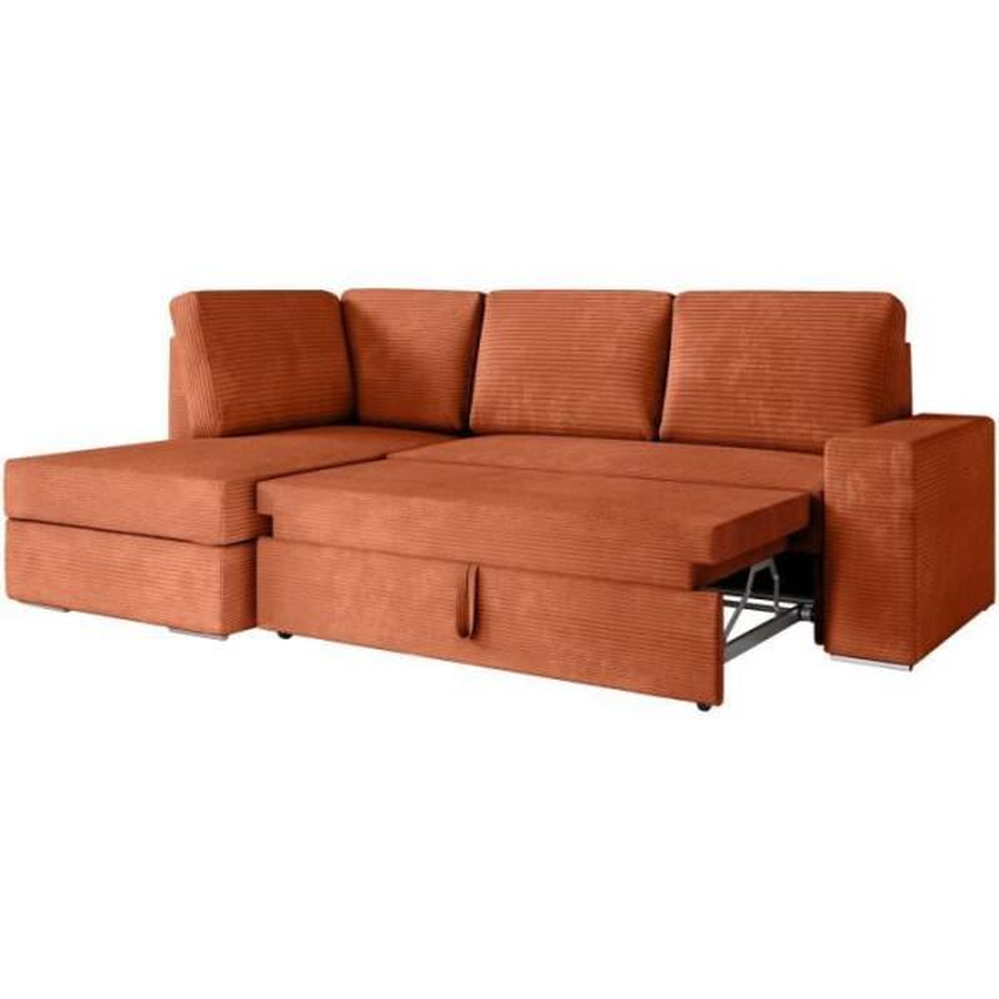 Voir la diapositive 5 : LOUNGITUDE Canapé d'angle gauche 3 places convertible ADEN avec coffre en velours côtelé - Terracotta - L246 x P174 x H96cm - LOUNGITUDE
