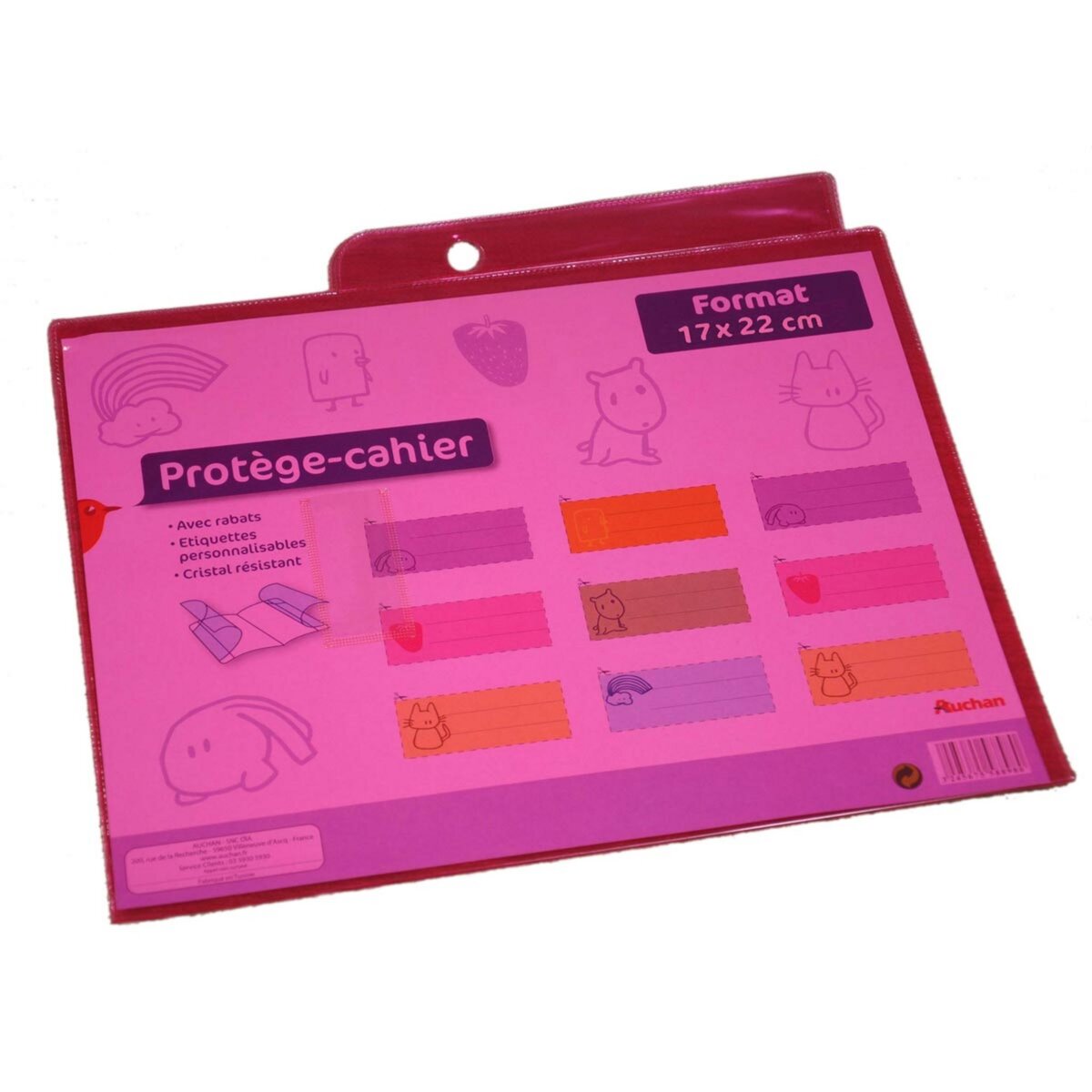 AUCHAN Protège cahiers 17x22cm à rabats cristal rose translucide