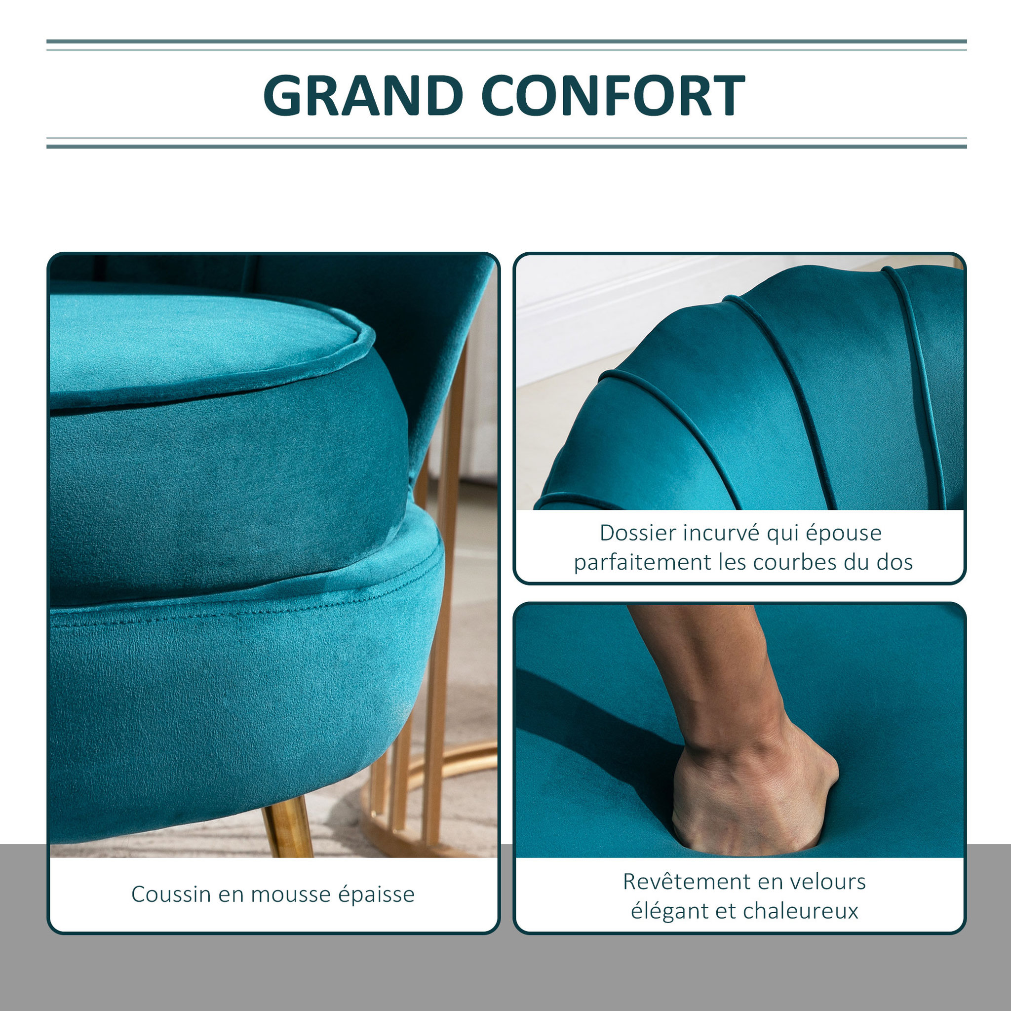 Voir la diapositive 6 : HOMCOM Fauteuil coquillage fauteuil design dim. 79L x 77l x 77H cm pieds dorés effilés velours bleu canard