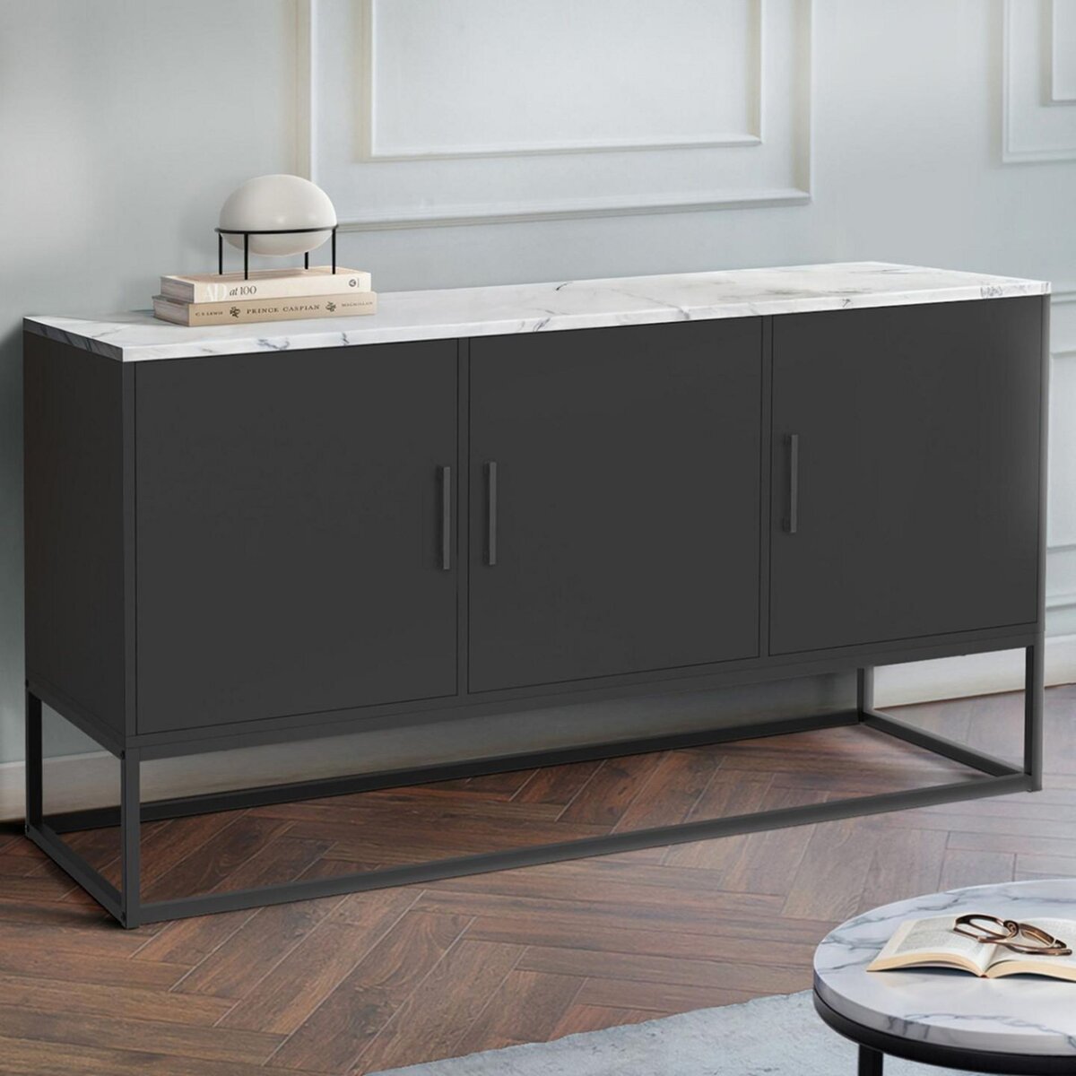 ID MARKET Buffet bas 113 cm ALASKA 3 portes noir plateau effet marbre blanc