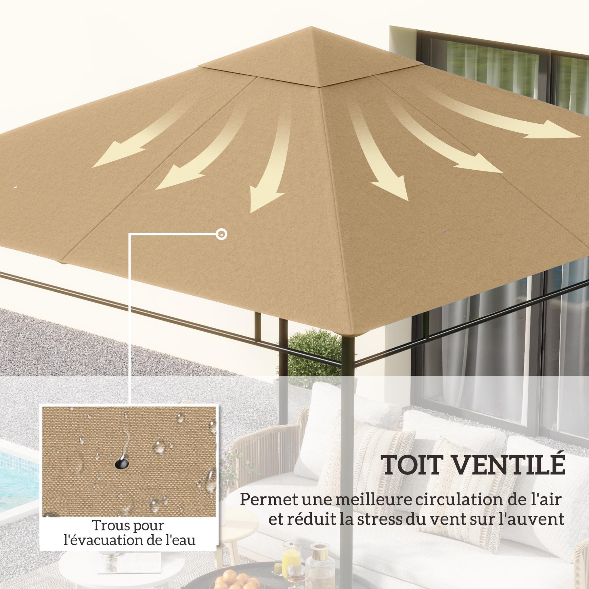 Voir la diapositive 6 : OUTSUNNY Toile de rechange pour pavillon tonnelle tente 3 x 3 m polyester haute densité 180 g/m² revêtement PA anti-UV beige