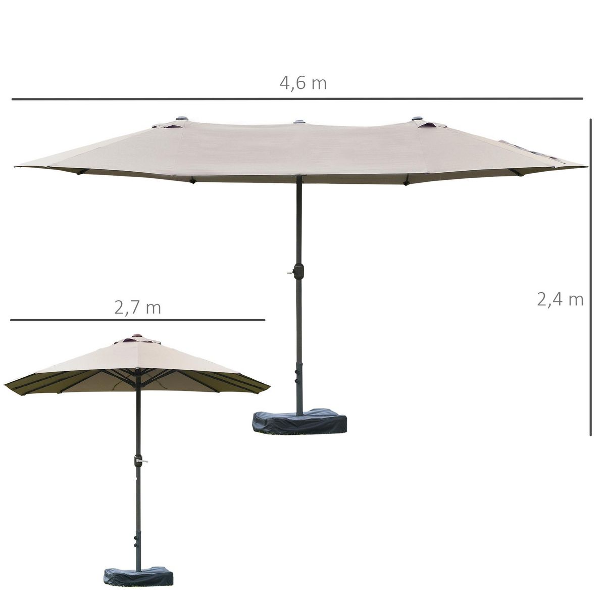 OUTSUNNY Parasol de jardin XXL parasol grande taille 4,6L x 2,7l x 2,4H cm ouverture fermeture manivelle acier polyester haute densité gris clair