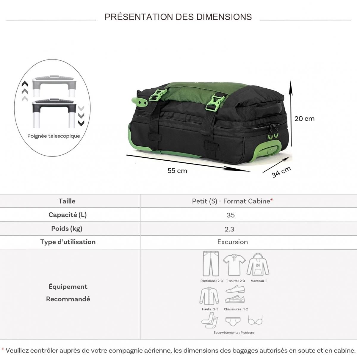 David Jones Sac de voyage cabine à roulettes 35L double compartiment 55cm
