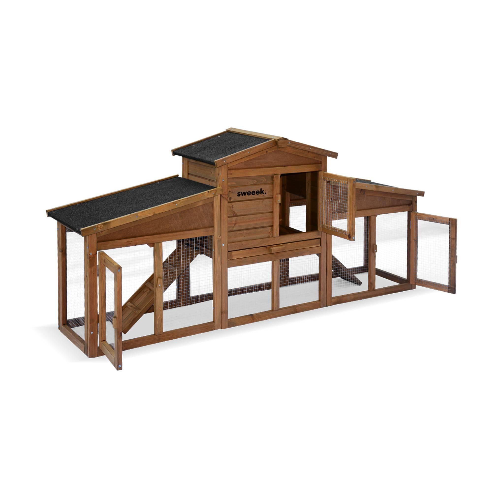 Voir la diapositive 5 : SWEEEK Clapier en bois Angora pour lapin et autres rongeurs. 4 lapins. cage à lapin avec enclos. espace intérieur et extérieur. poulailler