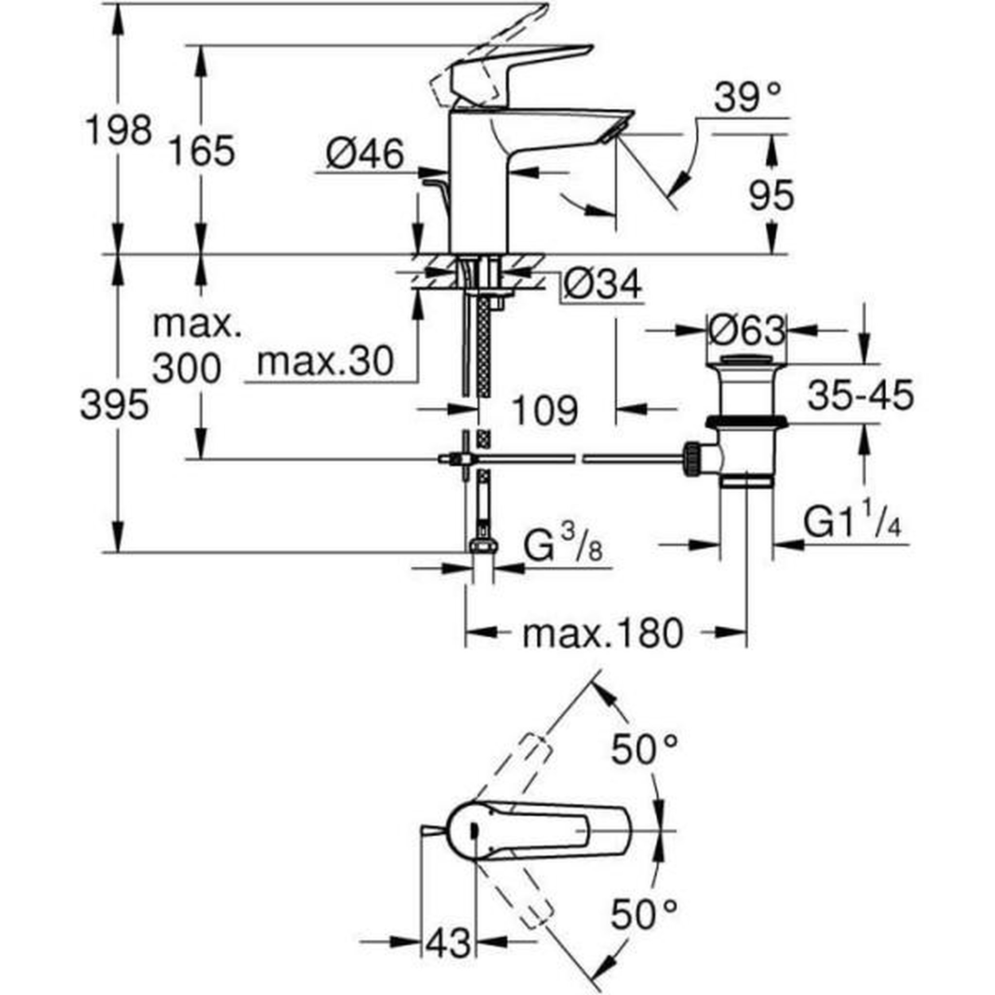 Voir la diapositive 4 : Grohe Mitigeur monocommande lavabo - grohe start - 242092432 - noir mat - taille s - economie d'eau - tirette et vidage