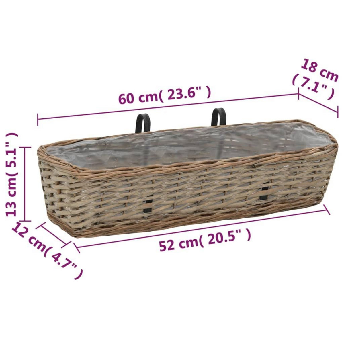 VIDAXL Jardiniere de balcon 2 pcs Osier avec doublure en PE 60 cm