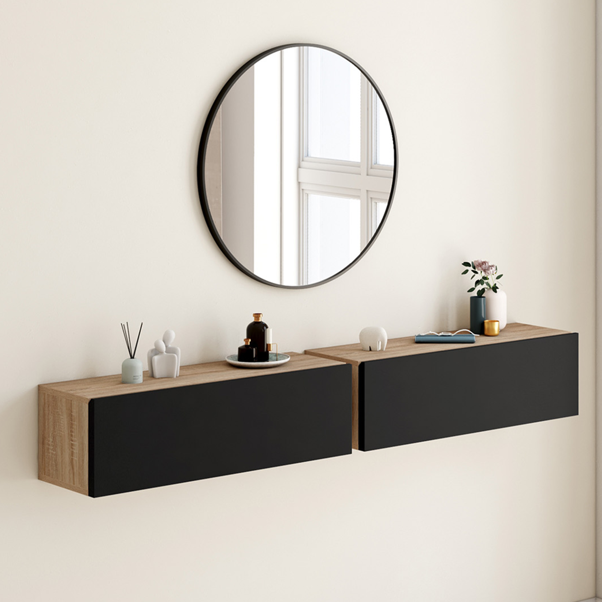 Voir la diapositive 2 : ID MARKET Lot de 2 consoles suspendues étagères murales elyos 1 porte bois et noir
