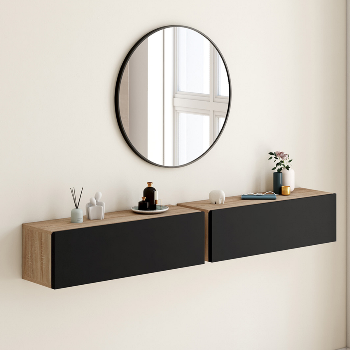 ID MARKET Lot de 2 consoles suspendues étagères murales ELYOS 1 porte bois et noir