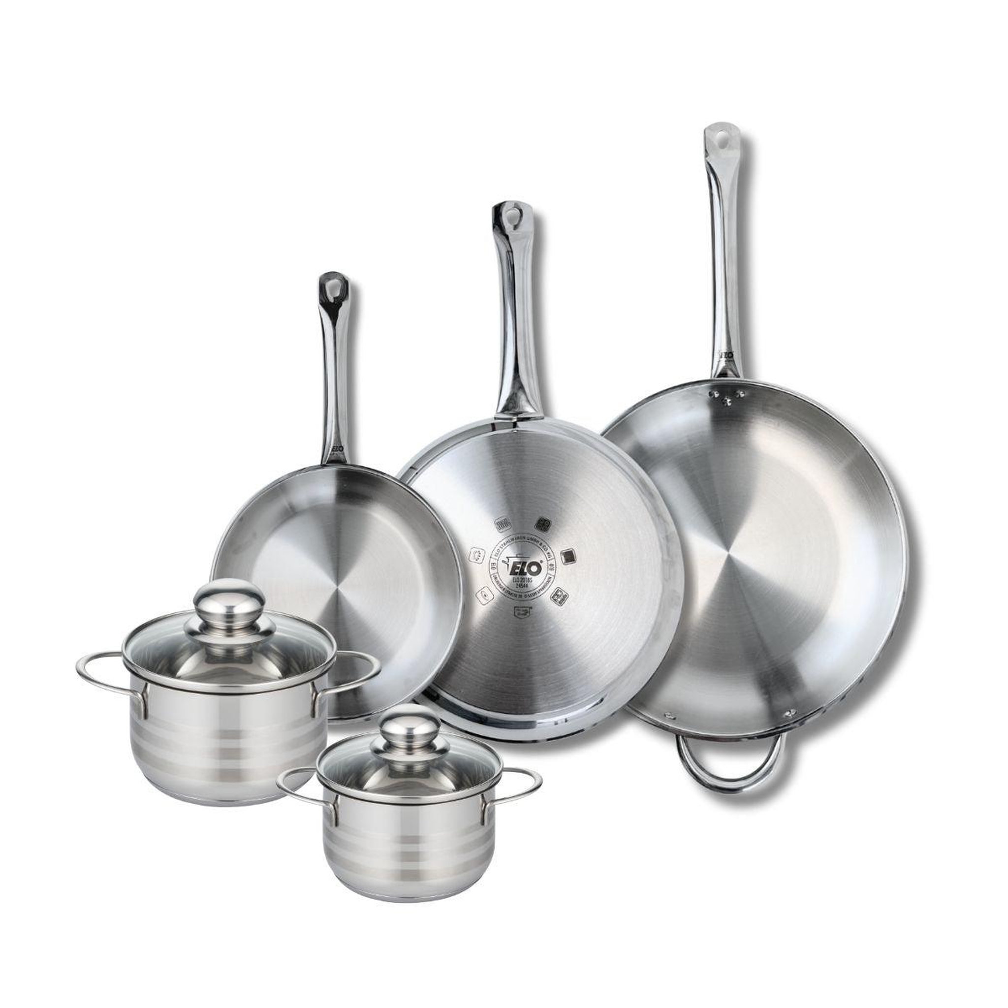 ELO Ensemble de 3 poêles de cuisson 24, 28 et 32 cm et 2 faitouts 14 et 16 cm elo profi brillant