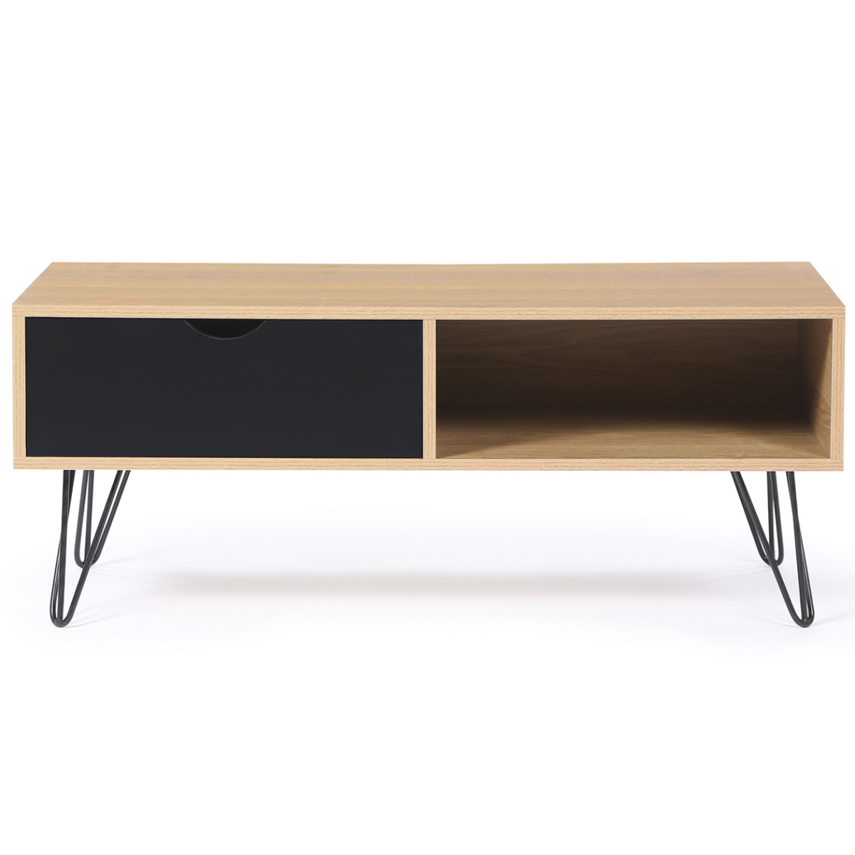 ID MARKET Table basse vintage rectangulaire NOEMI pied épingle bois tiroir noir