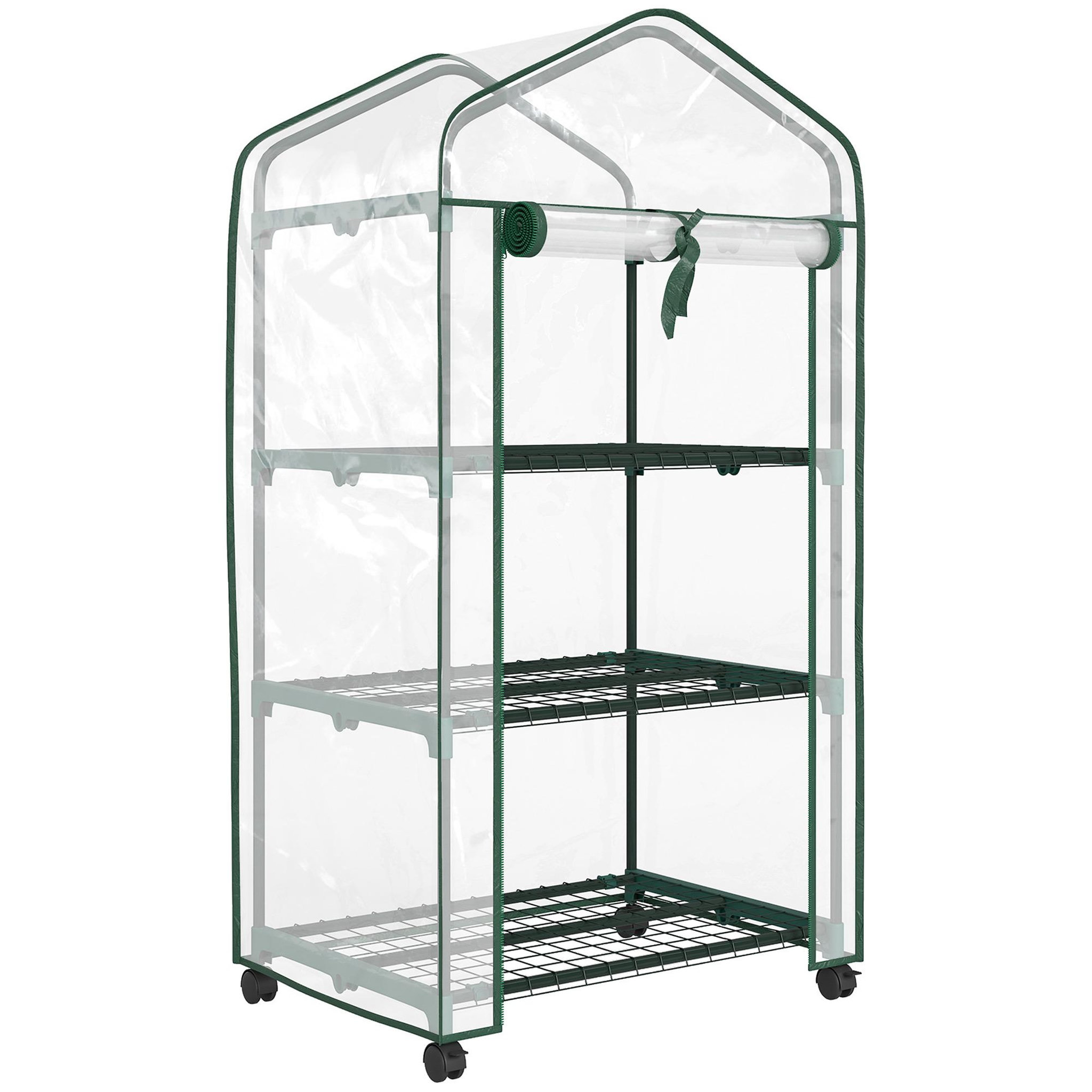 OUTSUNNY Mini serre de jardin 3 étagères porte enroulable 4 roulettes pe transparent
