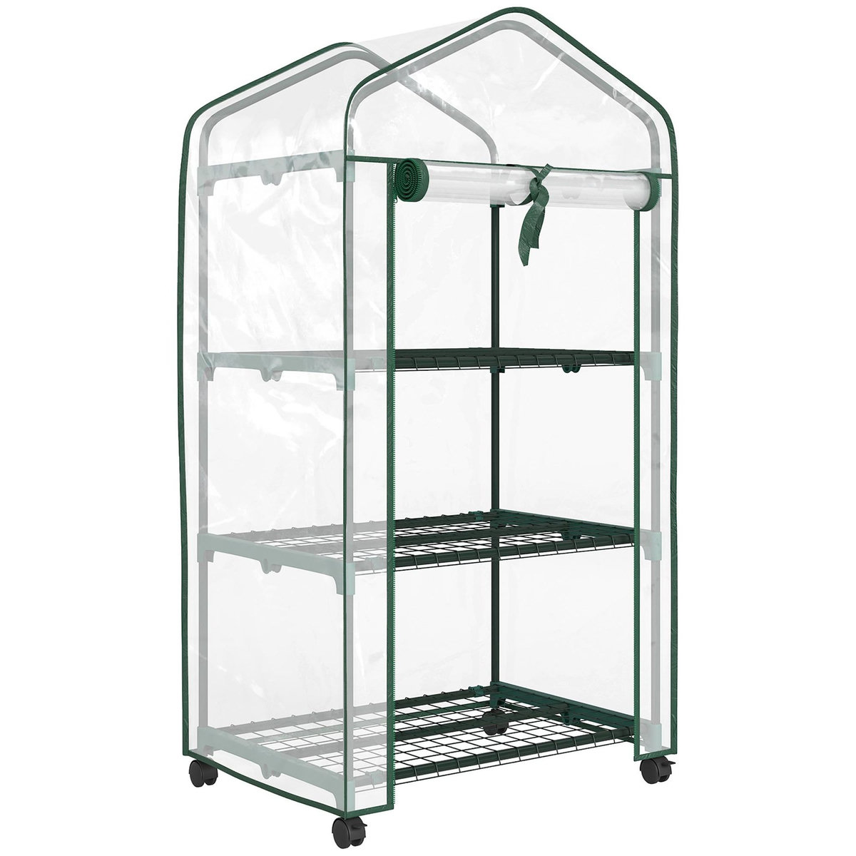 OUTSUNNY Mini serre de jardin 3 étagères porte enroulable 4 roulettes PE transparent