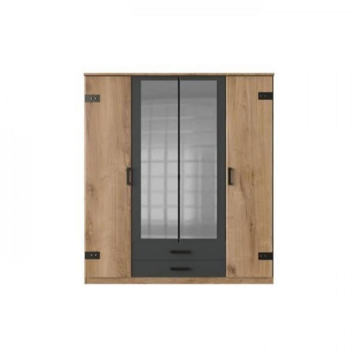 MARKET24 Armoire CORFOU - Décor Chene et gris anthracite + Miroirs - 4 portes battantes - 2 tiroirs - L180 x P58 x H199 cm