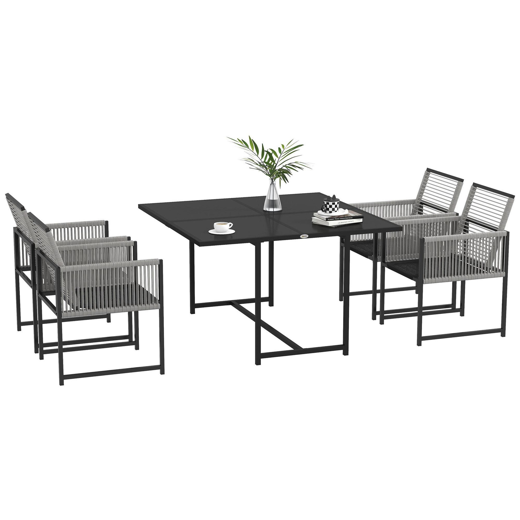 Voir la diapositive 1 : OUTSUNNY Ensemble salon de jardin design acapulco encastrable 4 places 5 pièces noir gris