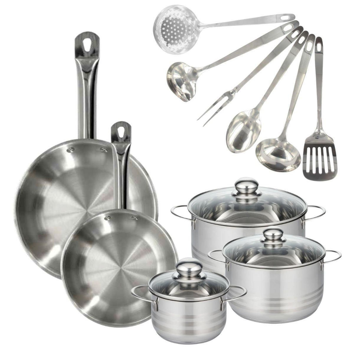 Fackelmann Set 2 poêles 24 et 28 cm en inox, 3 faitouts inox 16, 20 et 24 cm et 6 ustensiles inox Fackelmann Eterna