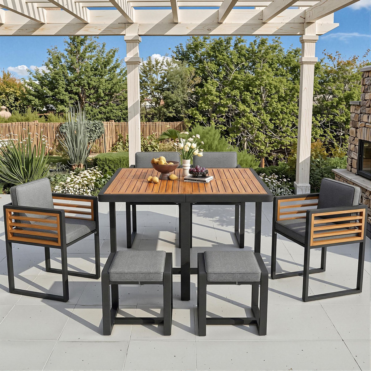 MERAX Salon de jardin repas 6 places en métal et bois avec 6 chaises et table en bois massif, gris