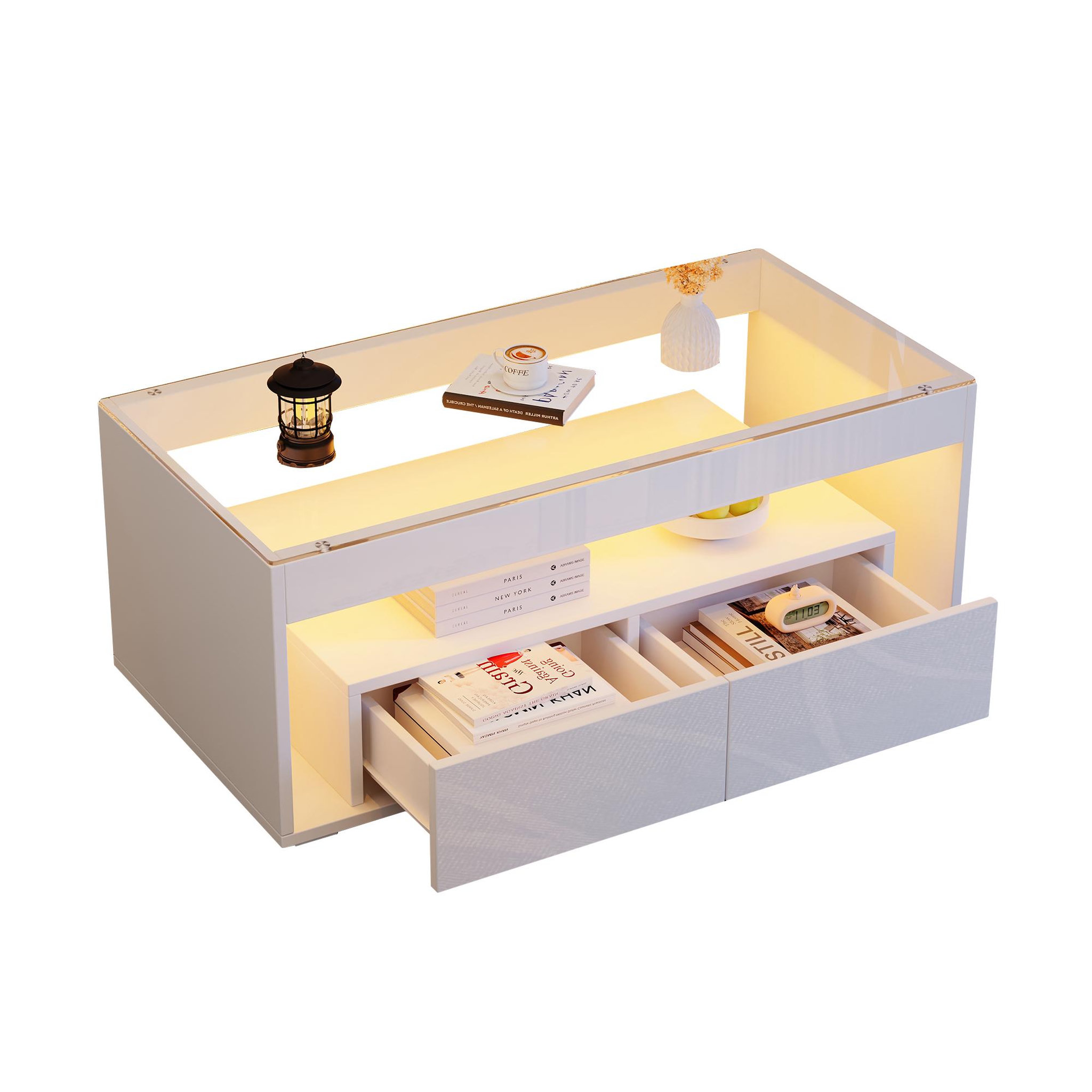 MERAX Table basse rectangulaire blanc avec 2 tiroirs - 50x100 cm led panneau de particules