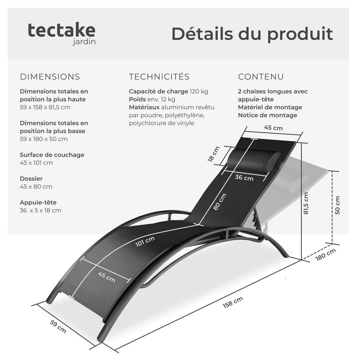 tectake Lot de 2 transats de jardin en acier avec assise en textilène noir