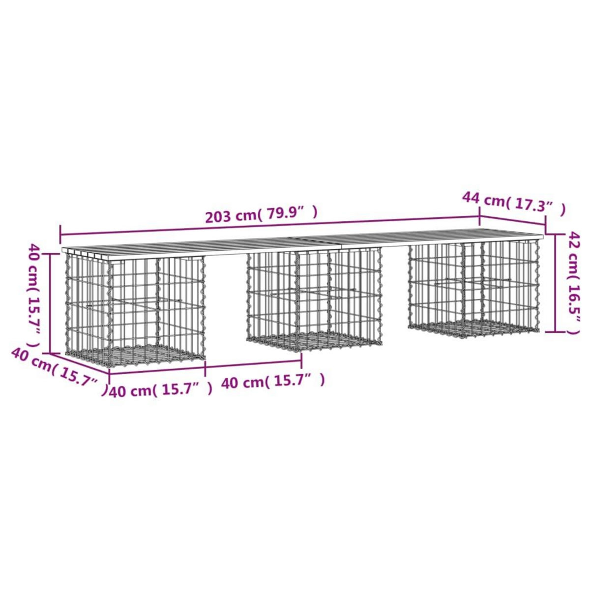 VIDAXL Banc de jardin design de gabion 203x44x42 cm bois massif de pin