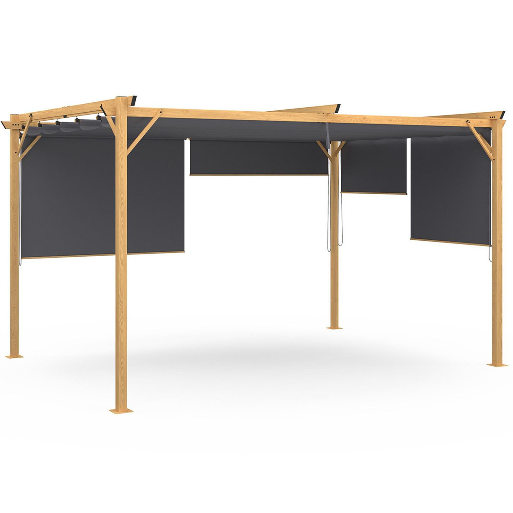 ID MARKET Pergola édition exclusive effet bois toit rétractable 3x4 m et 4 stores gris anthracite