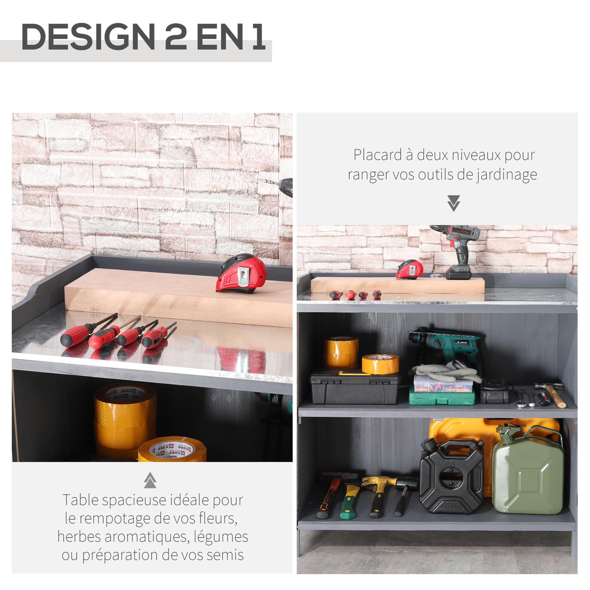 Voir la diapositive 4 : OUTSUNNY Armoire de rangement de jardin sur pied, table de rempotage 2 en 1 double porte, étagère, plateau métal galvanisé - bois sapin gris